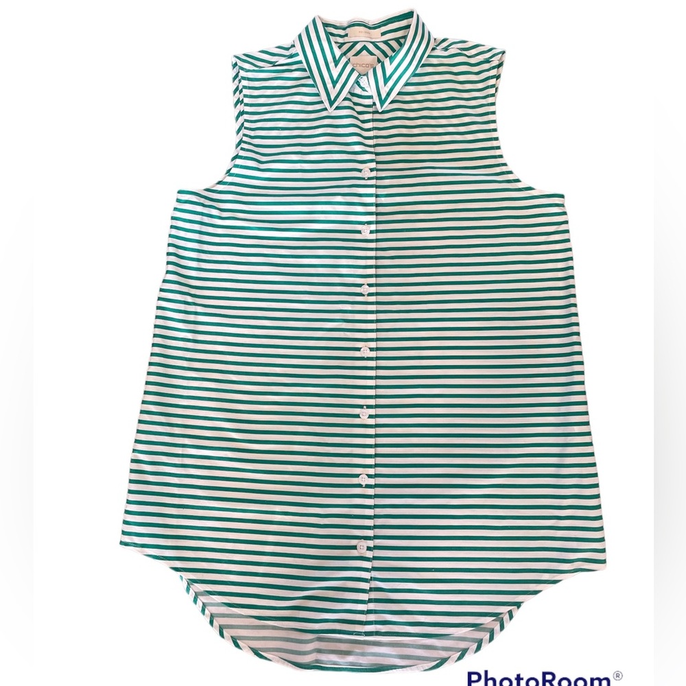 Chico’s sleeveless green and white stripe button down